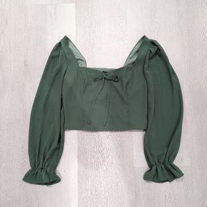Forever 21 Green Square Neck Blouse With Puff Sleeves